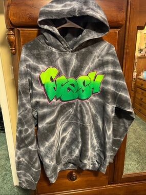 Tie-Dye Black Hoodie with Neon Green Graffiti Graphic